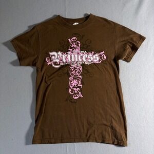 Vintage Style Brown Princess Cross Graphic T-Shirt Mens Small John 1:12 Pink